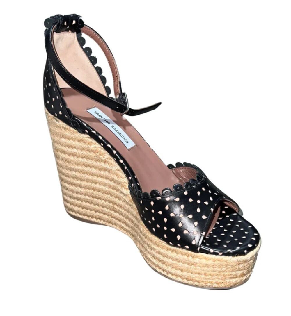 Tabitha Simmons Harp Espadrille Sandals Wedge Heel Black Laser Cut Size 7